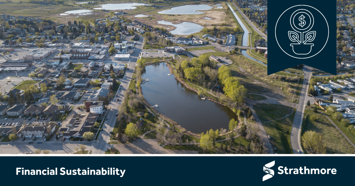 View of the Town of Strathmore as taken from teh air by drone. Text overlay: Financial Sustainability.