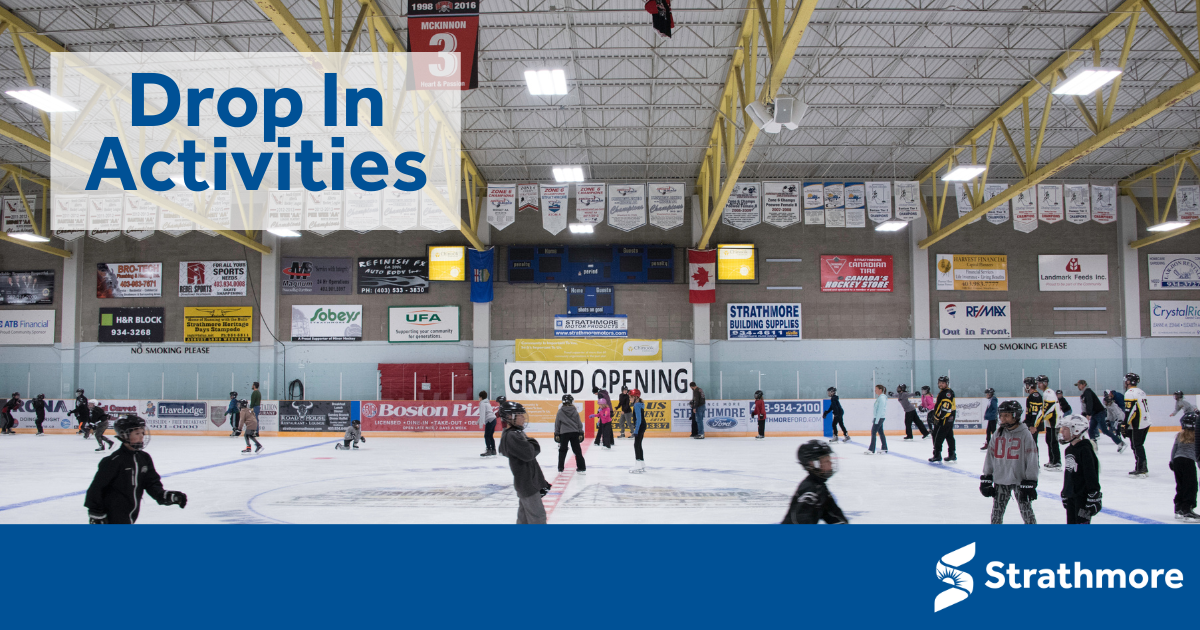 picture of several people skating on an indoor rink, text overlay: Drop in activities and schedule