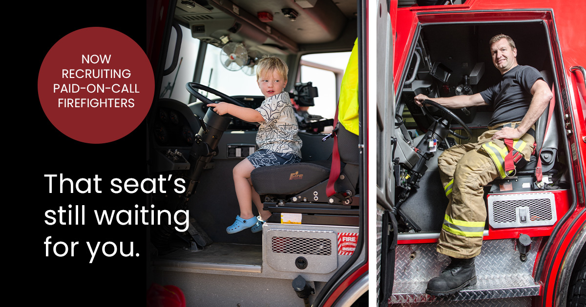 two images with one of a boy in a firetruck and the other of a grownup firefighter
