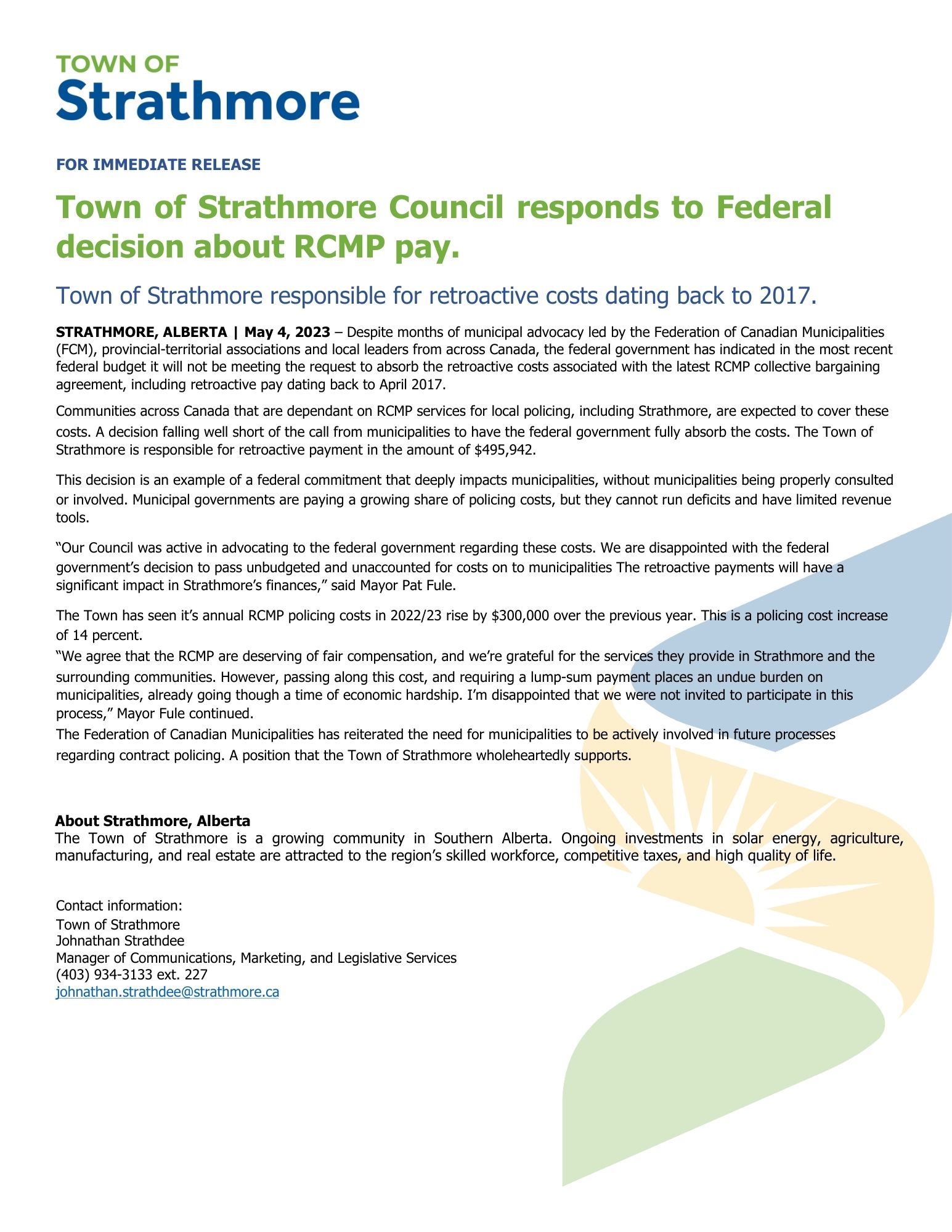 News release regarding retroactive payments to RCMP