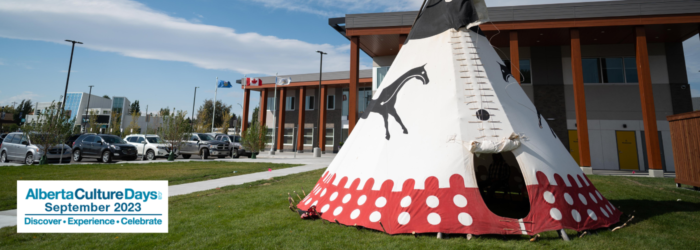 teepee outdoors in front of the Strathmore Municipal Building. Text overlay: Alberta Culture Days