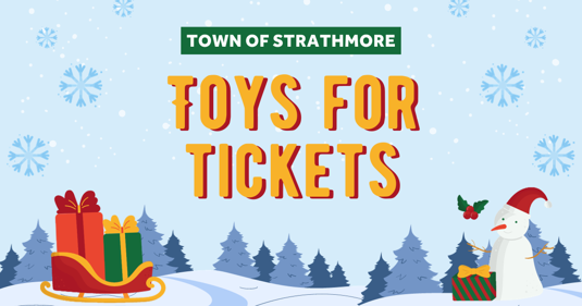 A cartoon graphic of an outdoor winter scene with brightly wrapped gifts, a sled, and a snowman