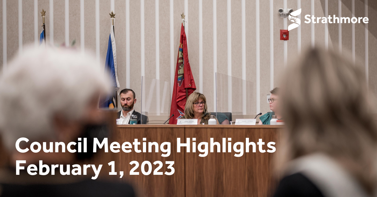 People watch a COuncil meeting in Strathmore Alberta. Text overlay: Council Meeting Highlights, February 1, 2023