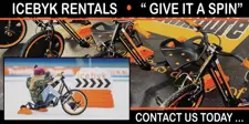 picture of a girl one in ice bike in and indoor skating rink. Text overlay: Icebyk