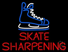 Picture of a skate being sharpened, text overlay, Skate Sharpening