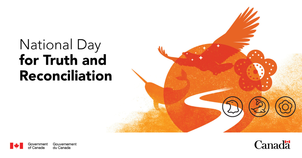 Orange image of a narwhal, eagle and flower over a pathway. Text: national Day for Truth and Reconciliation.