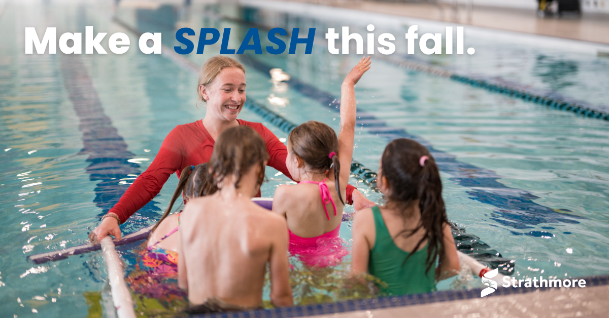 picture of a swimming instructor teching a group of small children in an indoor pool. Text overlay: Make a splash this fall.