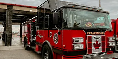 Fire truck in front of fire station