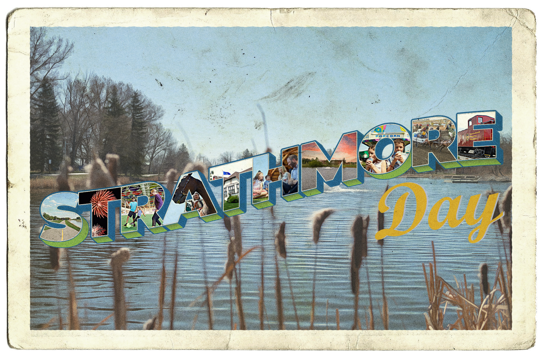 A old-style picture of a lake with cat tails. Text overlay is the word "Strathmore" with images from the Town in the letters.